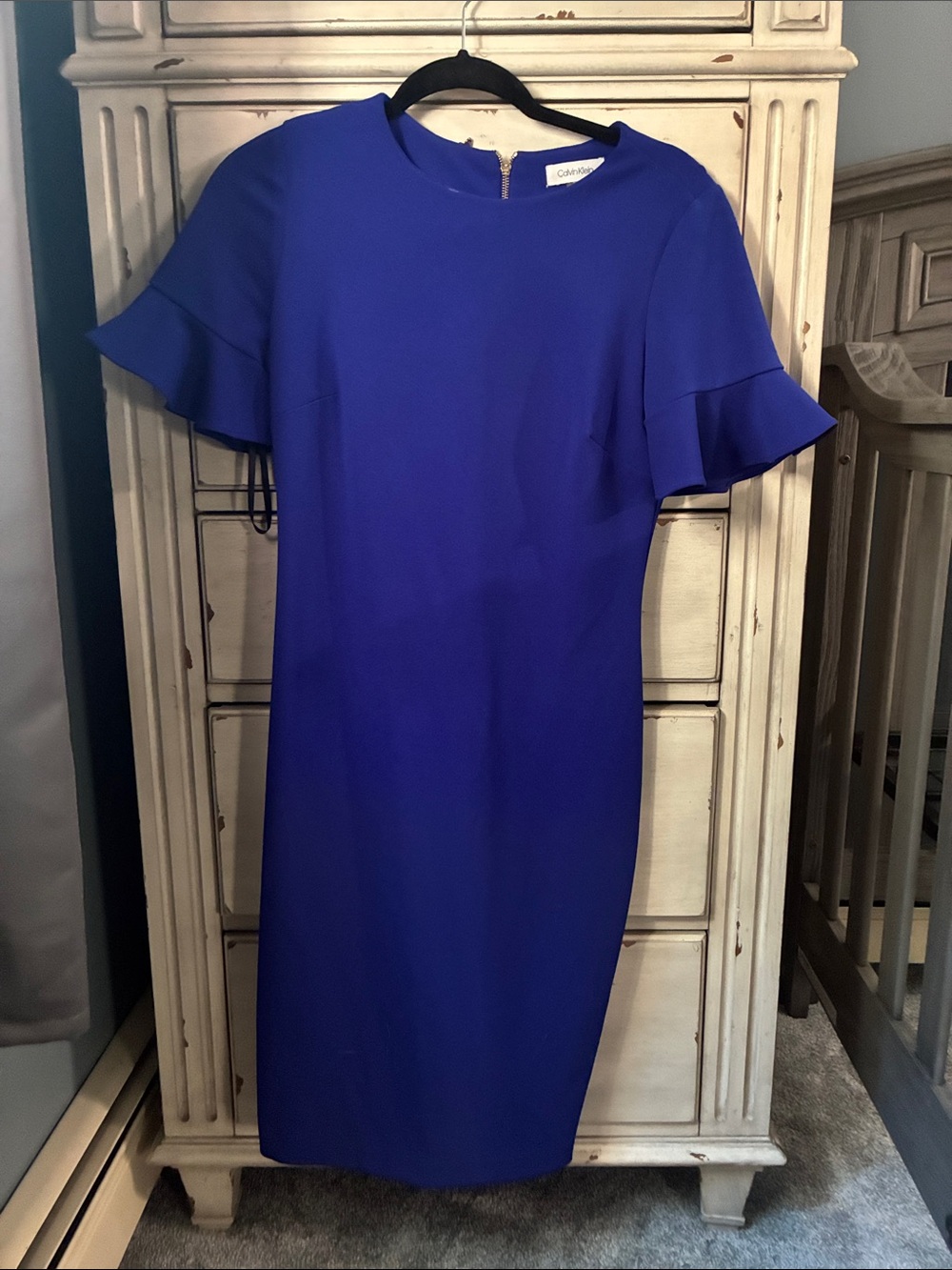 Calvin Klein Cobalt Blue Midi Dress with Ruffle Sleeves